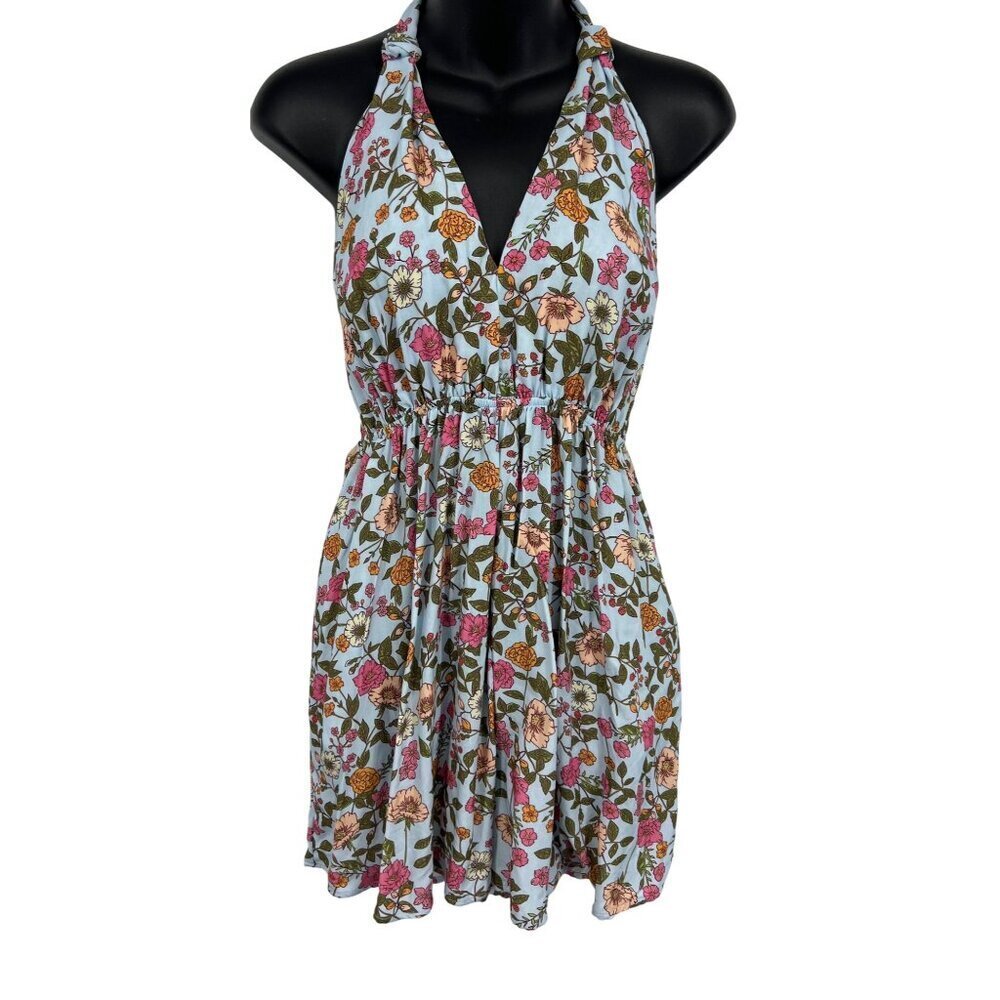 Magii Romper Women Size Medium Blue Pink Floral Halter Pockets Rayon Stretch New